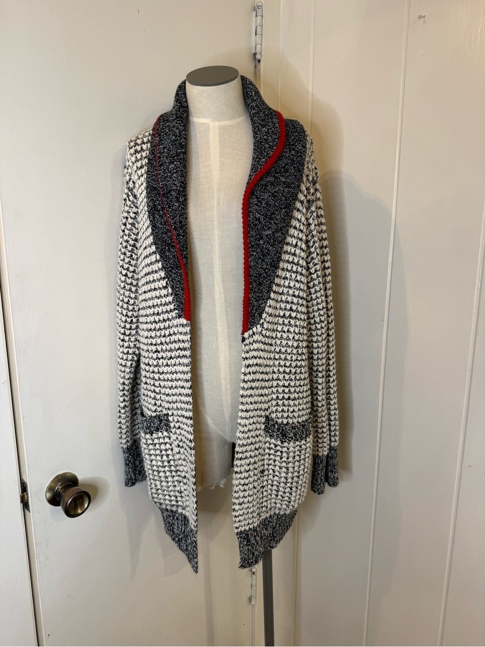 Bluenotes Cream & Charcoal Open-Front Cardigan with Red Trim